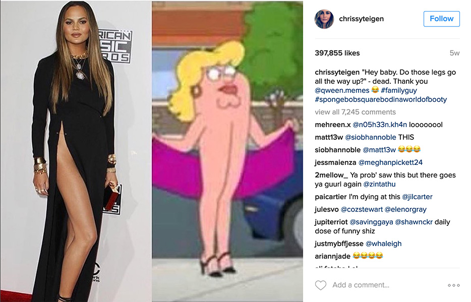 Chrissy Teigen compares a photo of herself in a dress with extreme slits up to her waist, with a character from Family Guy