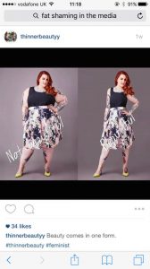 screenshot of a post from thinnerbeautyy showing a photo of Tess Holiday her normal size and one photo shopped to make her thinner 
