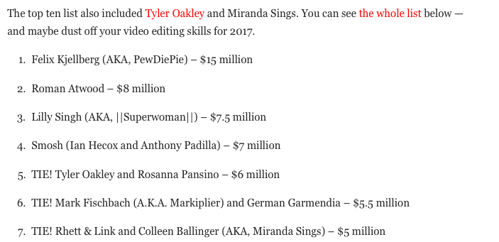 List to show how much Youtubers earn. 