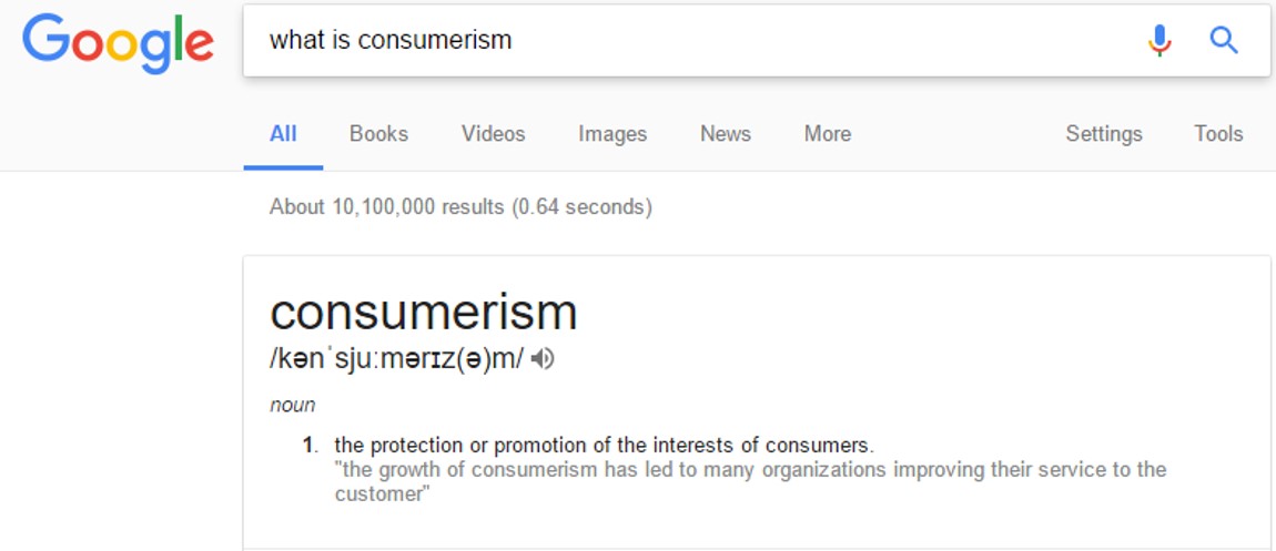 a screengrab of the definition of consumerism.