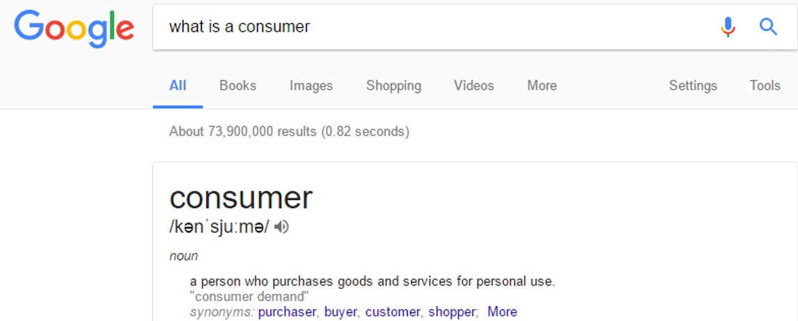 consumer- (kənˈsjuːmə)- noun a person who purchases goods and services for personal use. "consumer demand" synonyms: purchaser, buyer, customer, shopper.